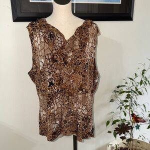 Milano Brown animal Print Sleeveless Ruffled V-Neck Blouse 3X